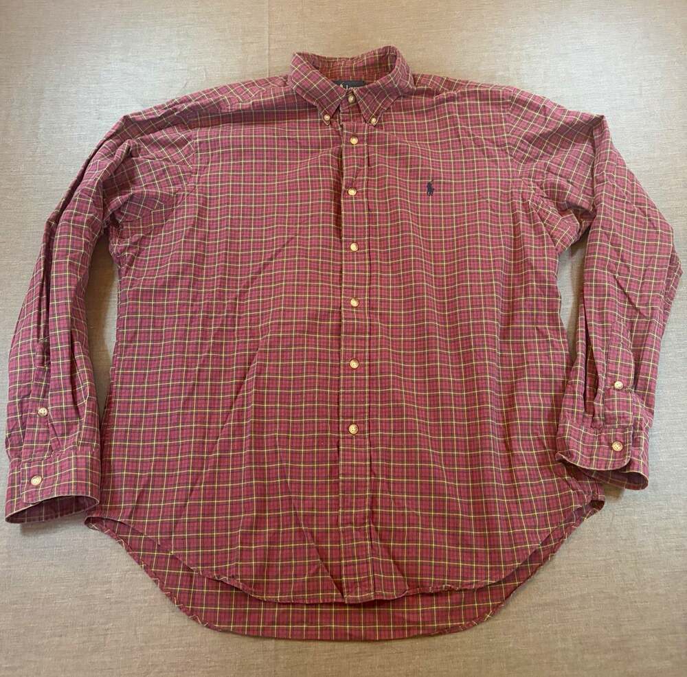 Vintage Ralph Lauren Oxford Plaid Button Doen Mens XL Classic Fit Red
